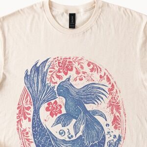Blue Fish Ornate Floral Graphic Tee Vintage Engraving Style